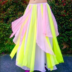 Belly dance chiffon skirt. White pink yellow. Size S. Long. Ameynra design